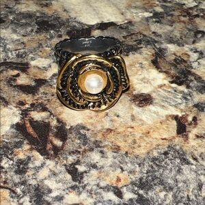 Plunder Gold and Black Rose Ring with Pearl Center